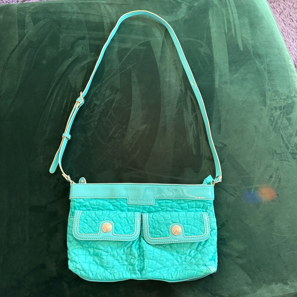 Vera Bradley Turquoise Quilted Nylon Crossbody Bag Patent Trim Blue Handbag